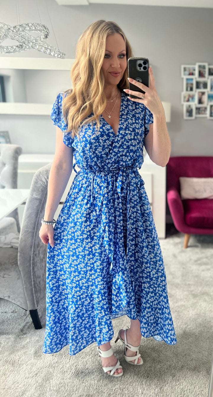Laura Blue Daisy Print Mock Wrap Belted Maxi Dress