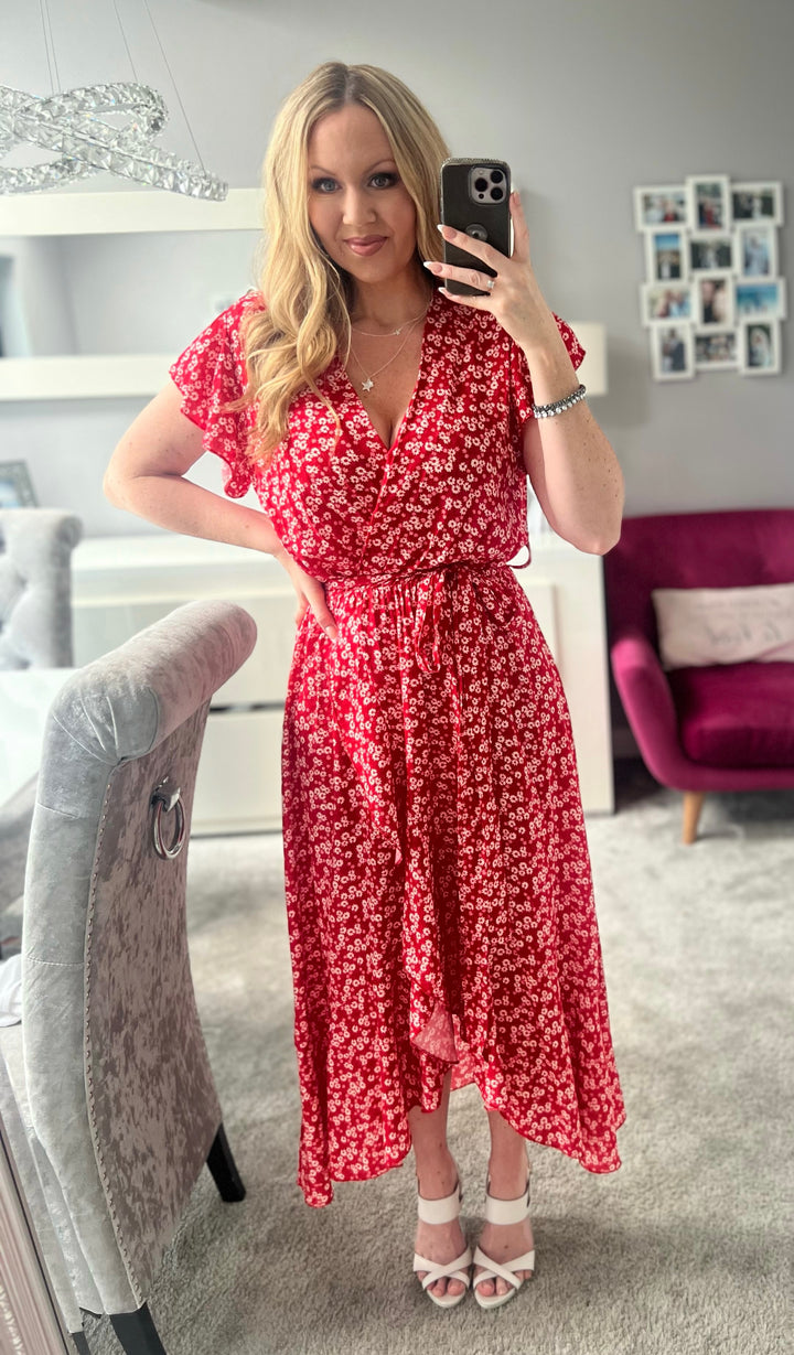 Laura Red Daisy Print Mock Wrap Belted Maxi Dress