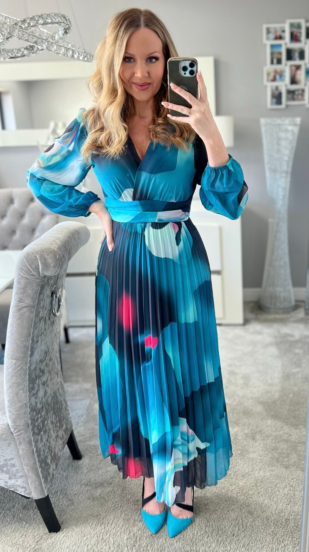Kirsty Green Abstract Banded Pleated Long Sleeve Maxi Dress