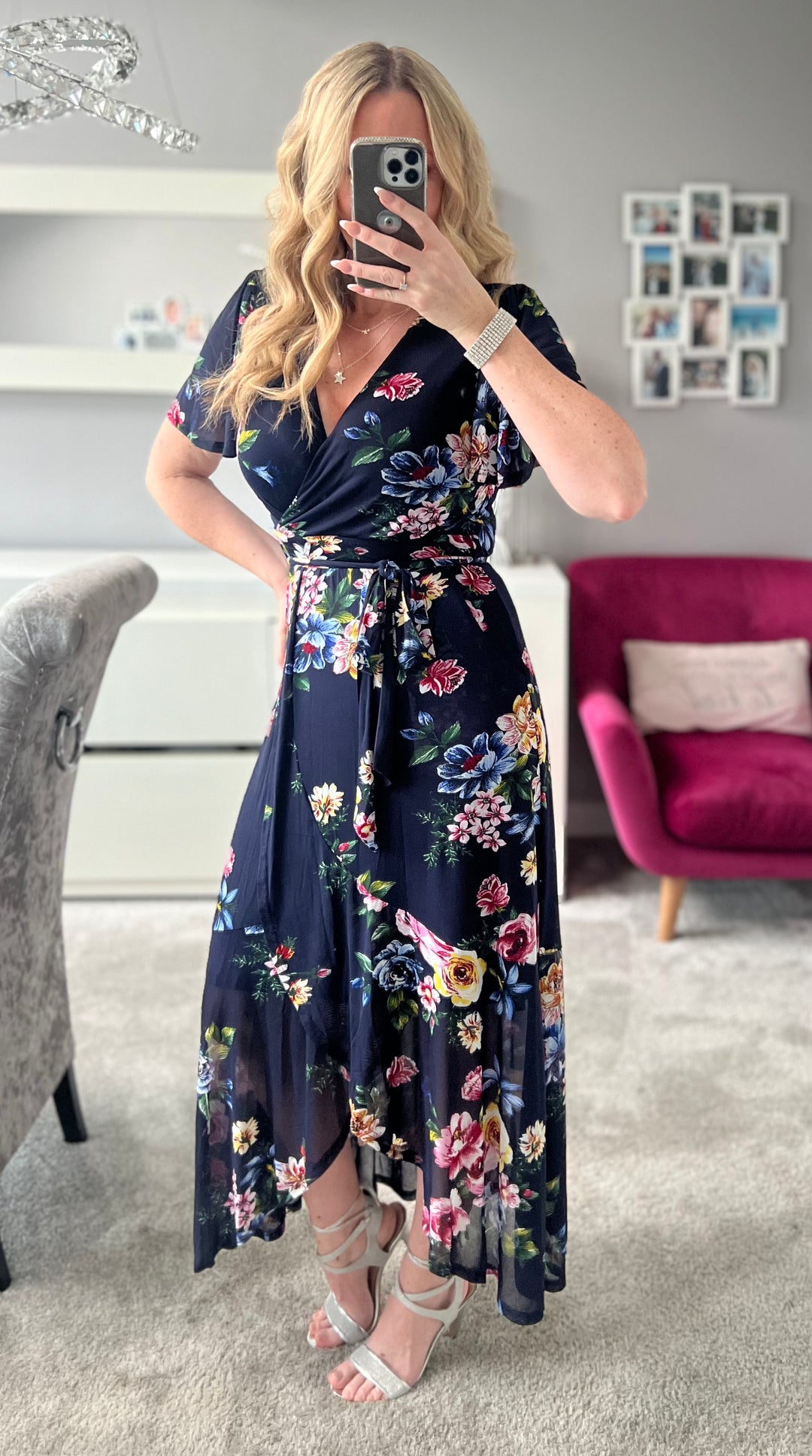 Ada Navy Floral Dip Hem Belted Short Sleeve Mesh Maxi Dress