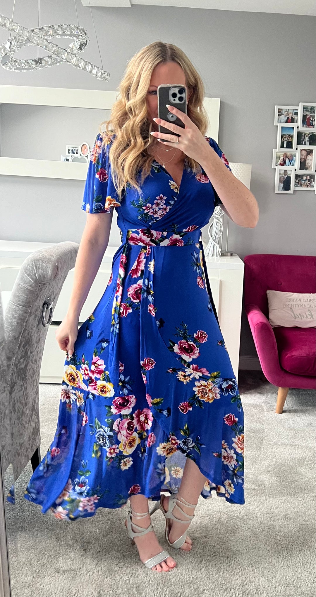 Ada Cobalt Blue Floral Dip Hem Belted Short Sleeve Mesh Maxi Dress