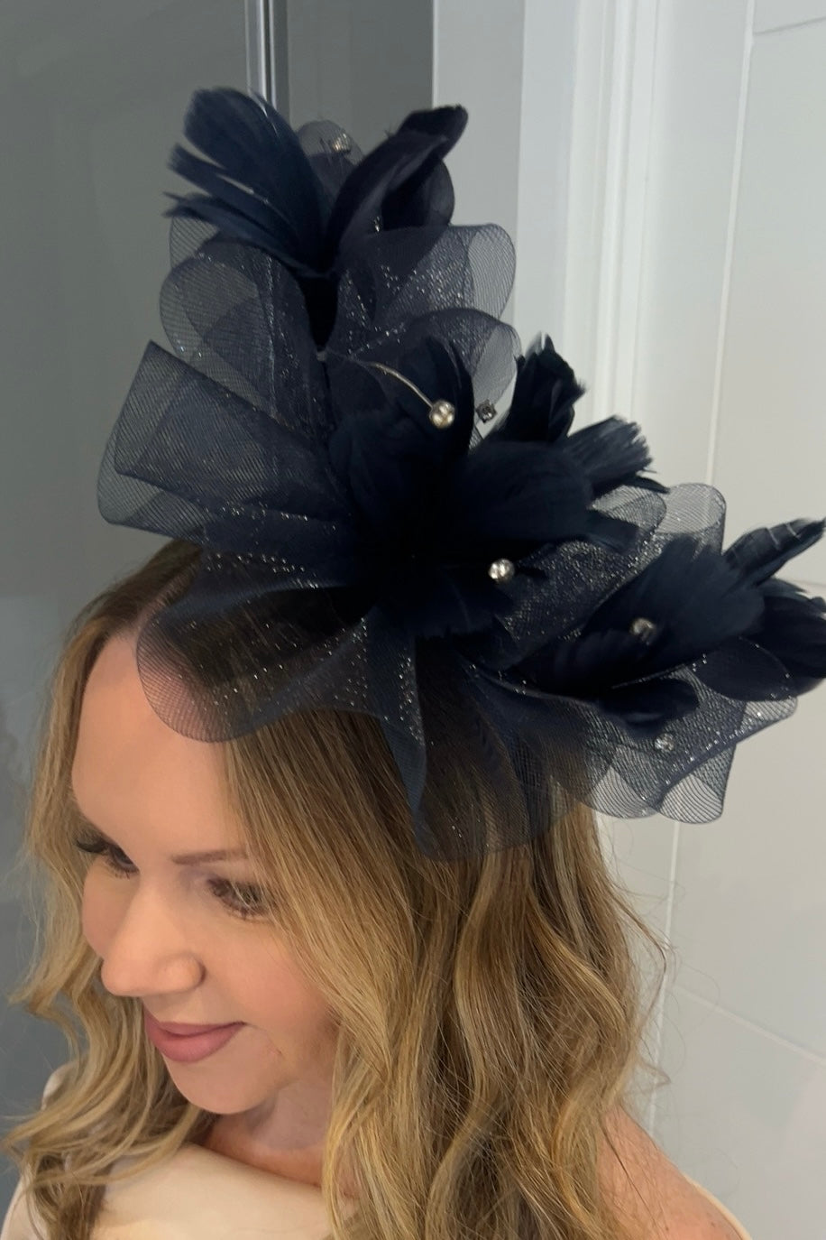 Royal Ascot Navy Feather Fascinator with Bow Detail