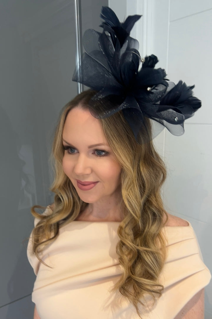 Royal Ascot Navy Feather Fascinator with Bow Detail