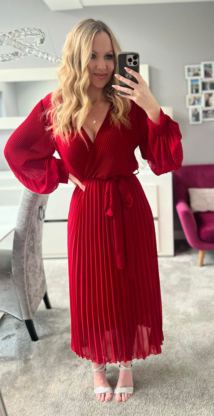 Lucile Red Chiffon Plisse Pleated Belted Long Sleeve Maxi Dress