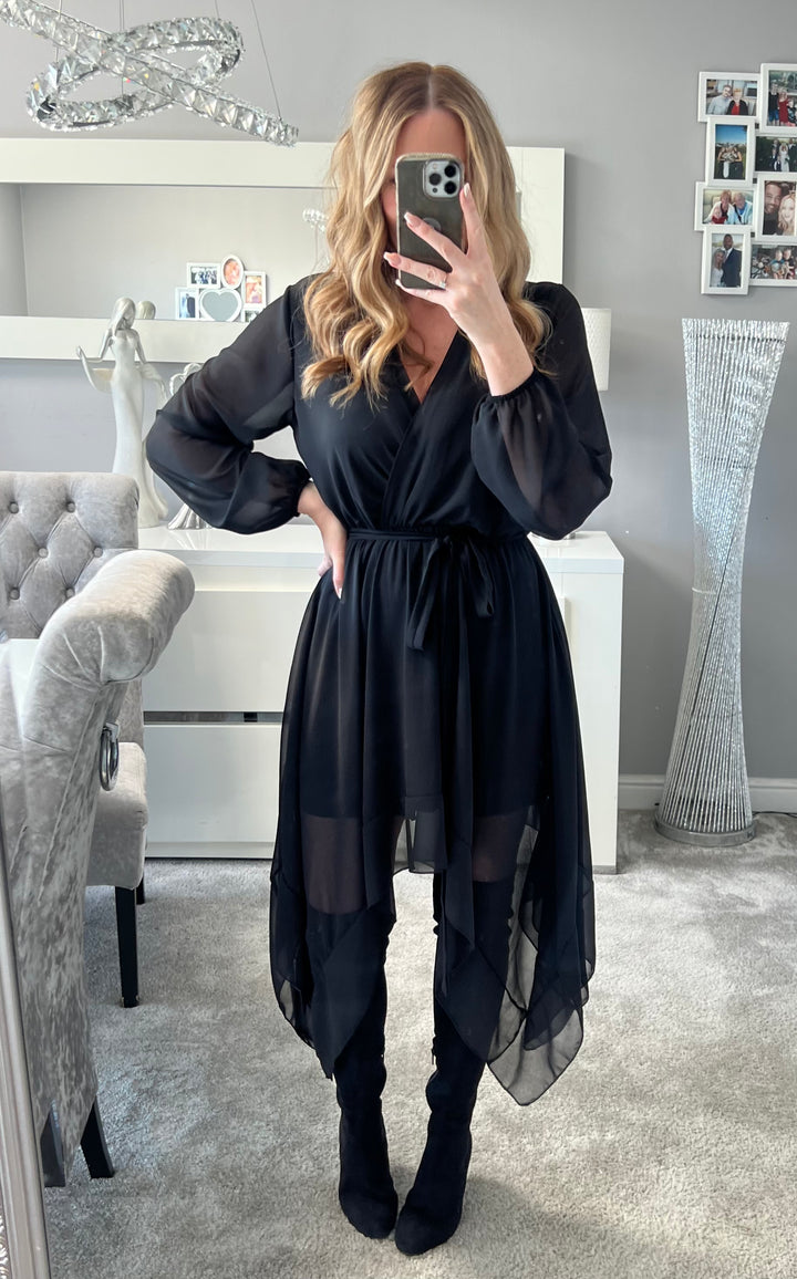 Dream Girl Black Waterfall Hem Chiffon Midi Dress