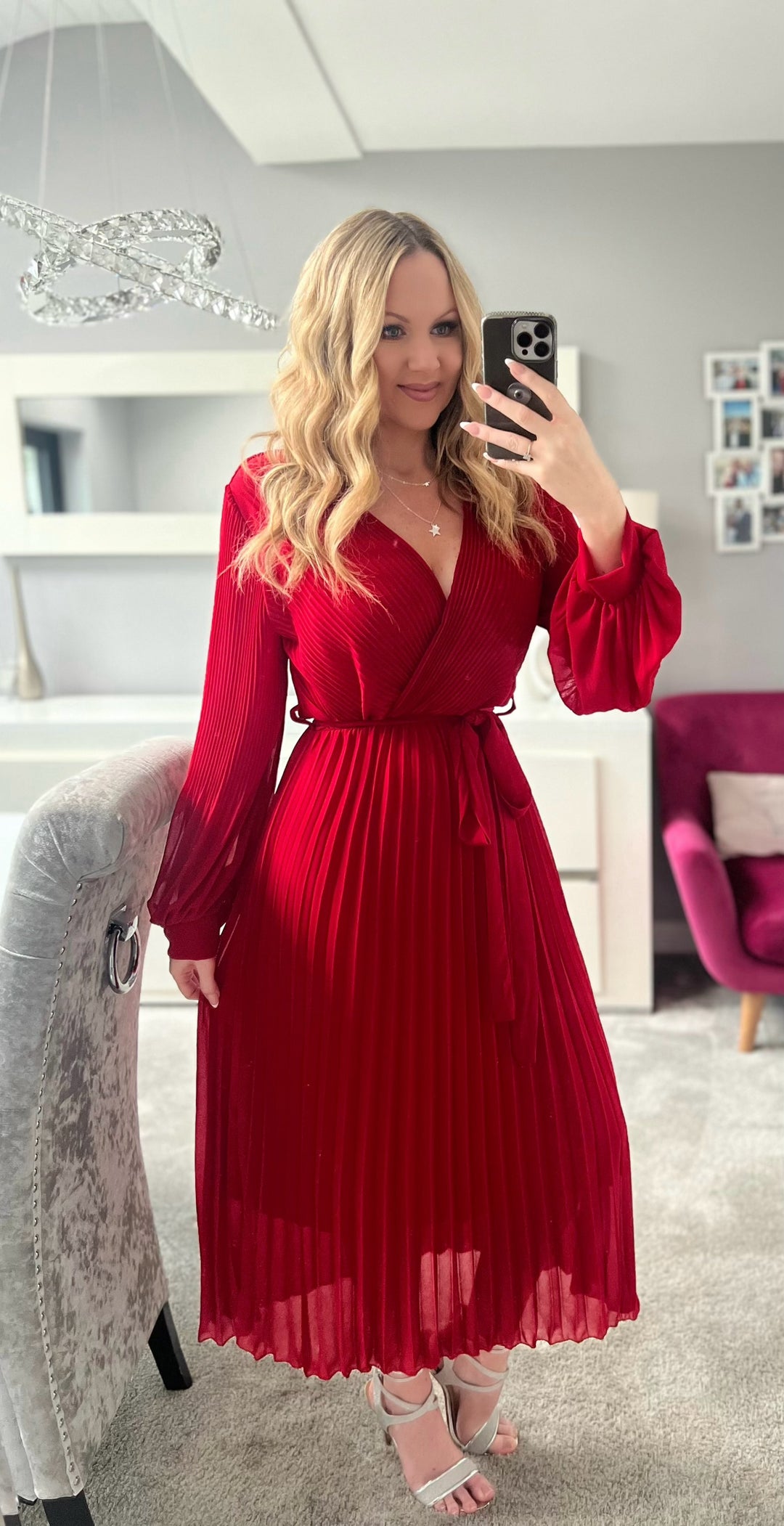 Lucile Red Chiffon Plisse Pleated Belted Long Sleeve Maxi Dress