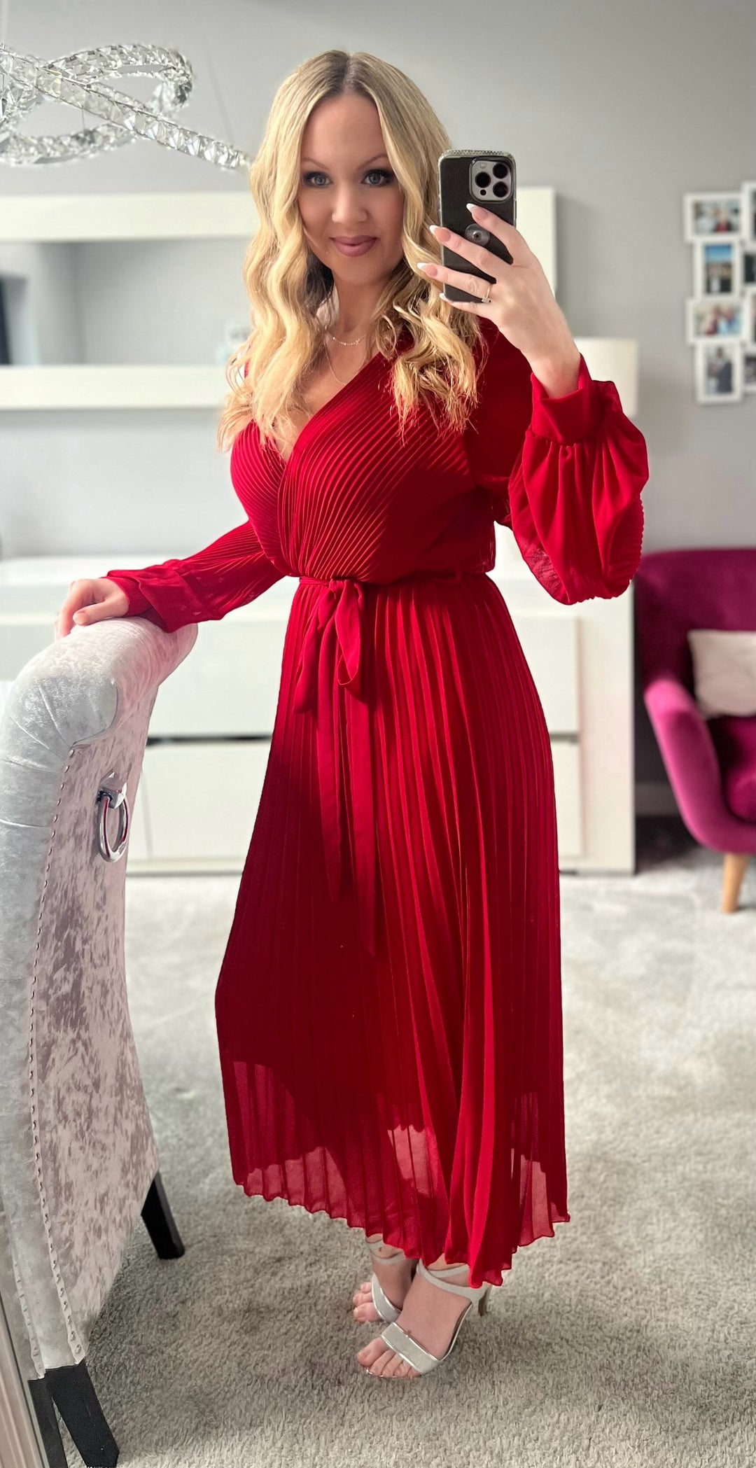 Lucile Red Chiffon Plisse Pleated Belted Long Sleeve Maxi Dress