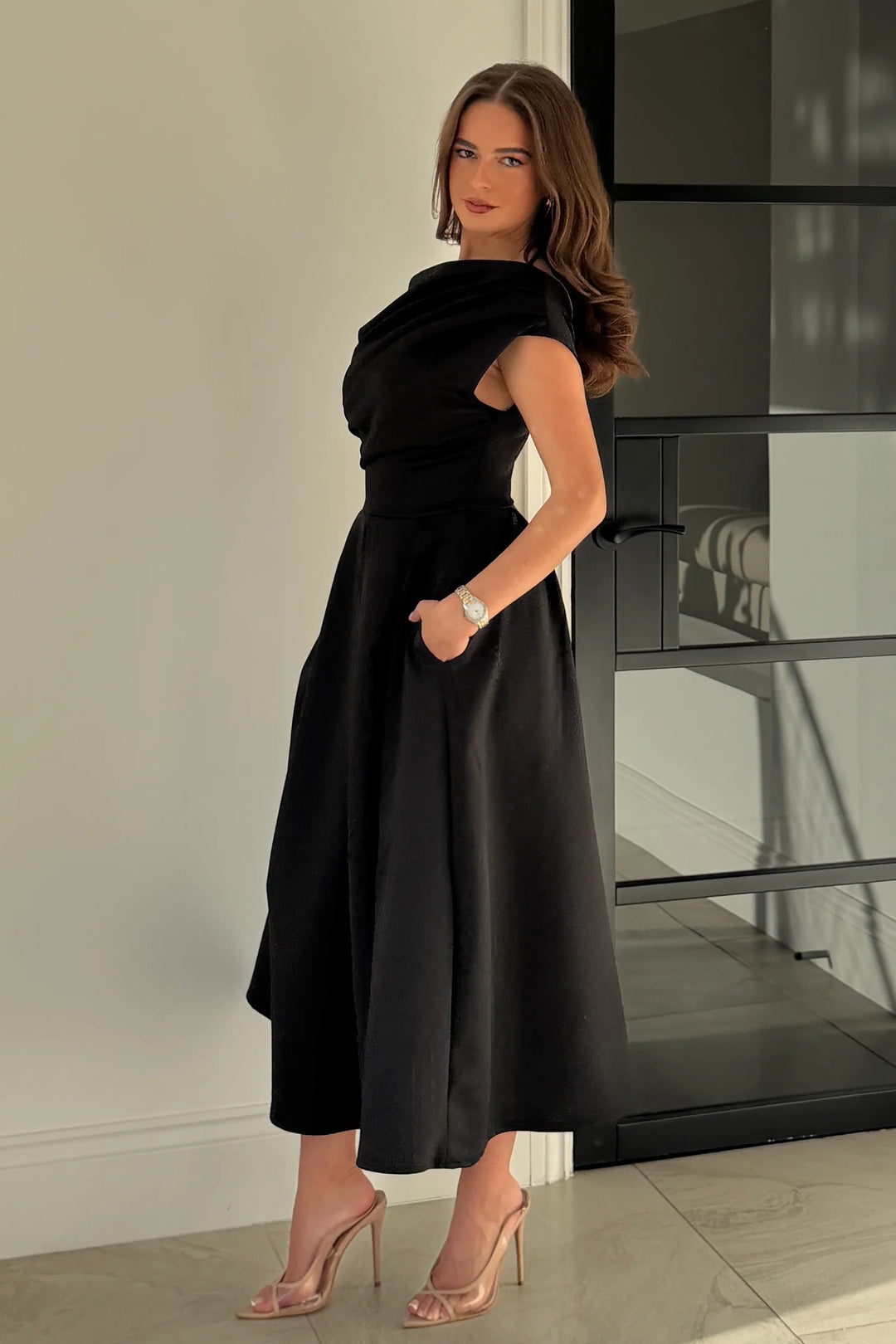 Betty Black Asymmetric Neckline Skater Midi Dress With Pockets
