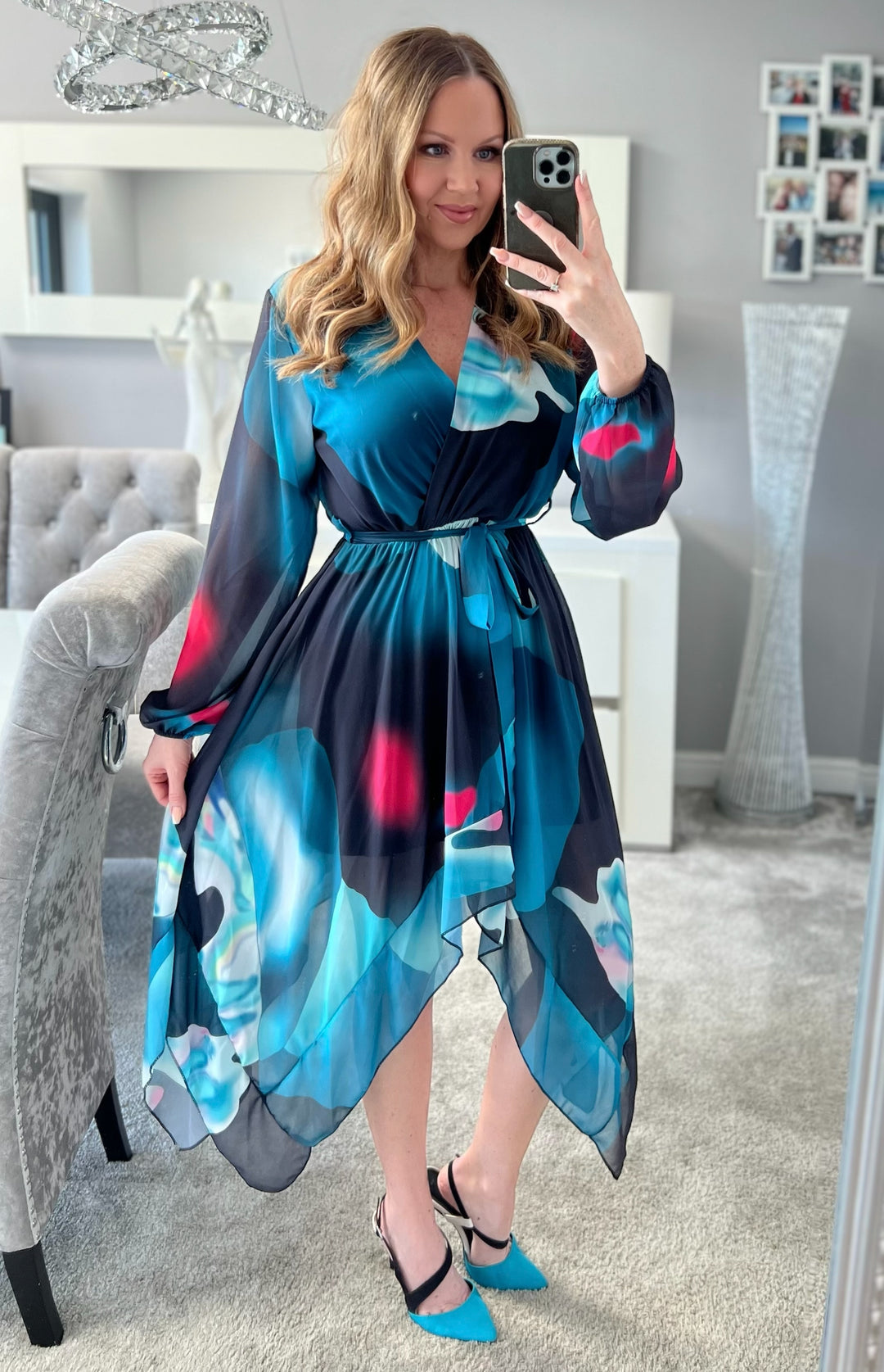 Dream Girl Green Abstract Waterfall Hem Chiffon Mini/Midi Dress