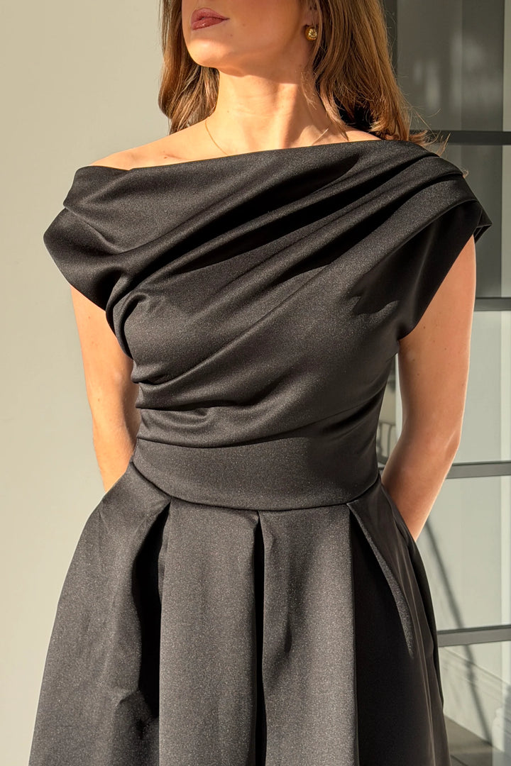 Betty Black Asymmetric Neckline Skater Midi Dress With Pockets