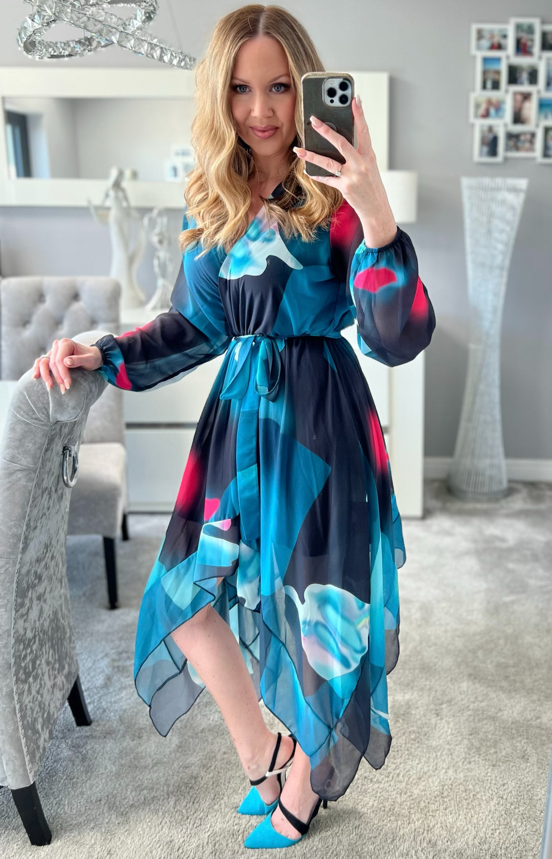 Dream Girl Green Abstract Waterfall Hem Chiffon Mini/Midi Dress