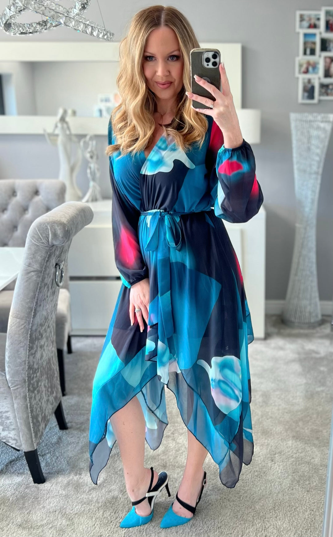 Dream Girl Green Abstract Waterfall Hem Chiffon Mini/Midi Dress