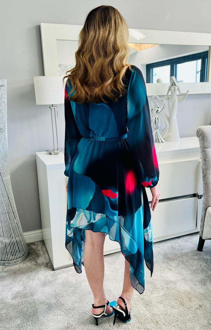 Dream Girl Green Abstract Waterfall Hem Chiffon Mini/Midi Dress