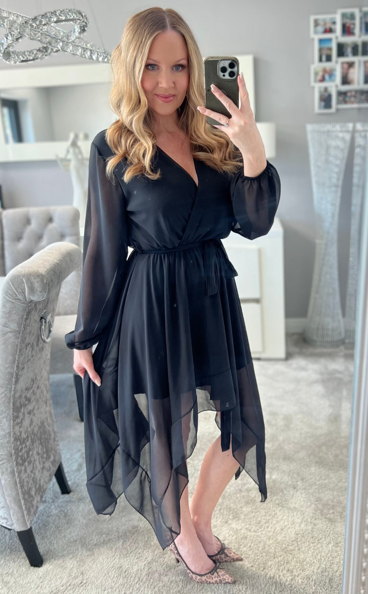 Dream Girl Black Waterfall Hem Chiffon Midi Dress