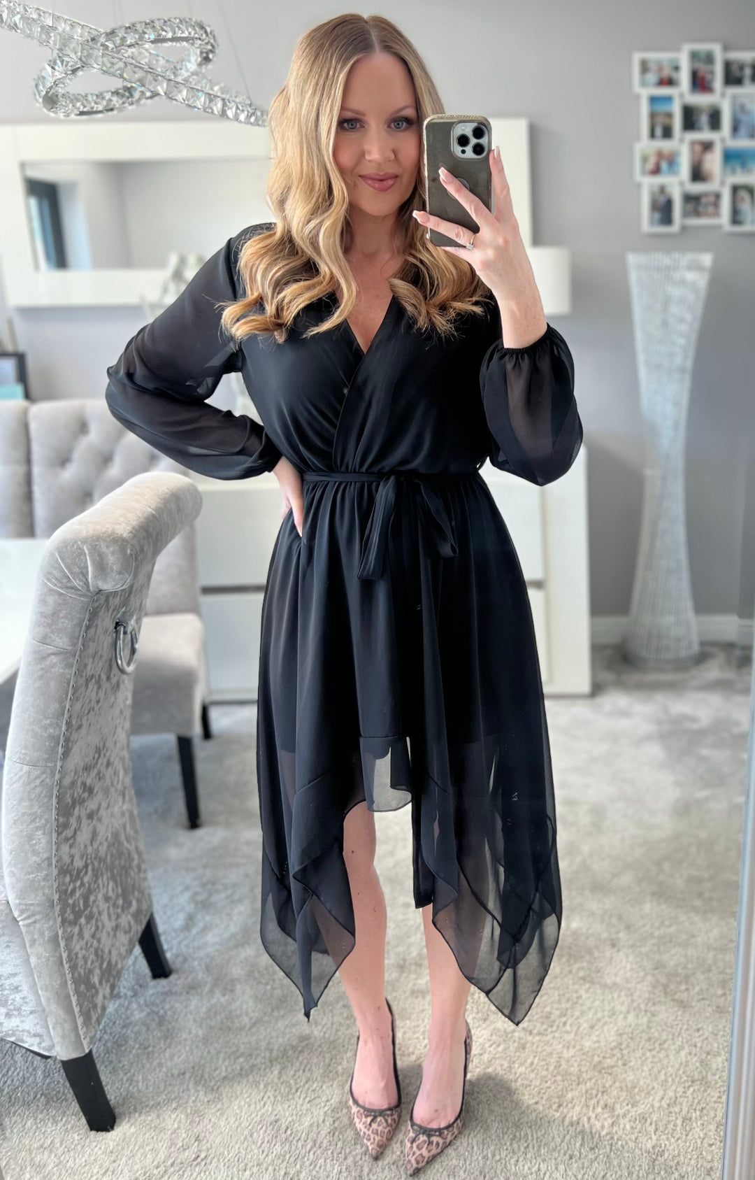 Dream Girl Black Waterfall Hem Chiffon Midi Dress