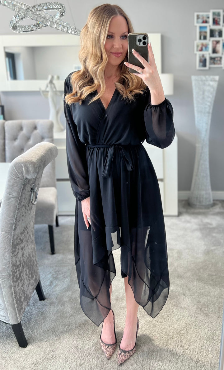 Dream Girl Black Waterfall Hem Chiffon Midi Dress