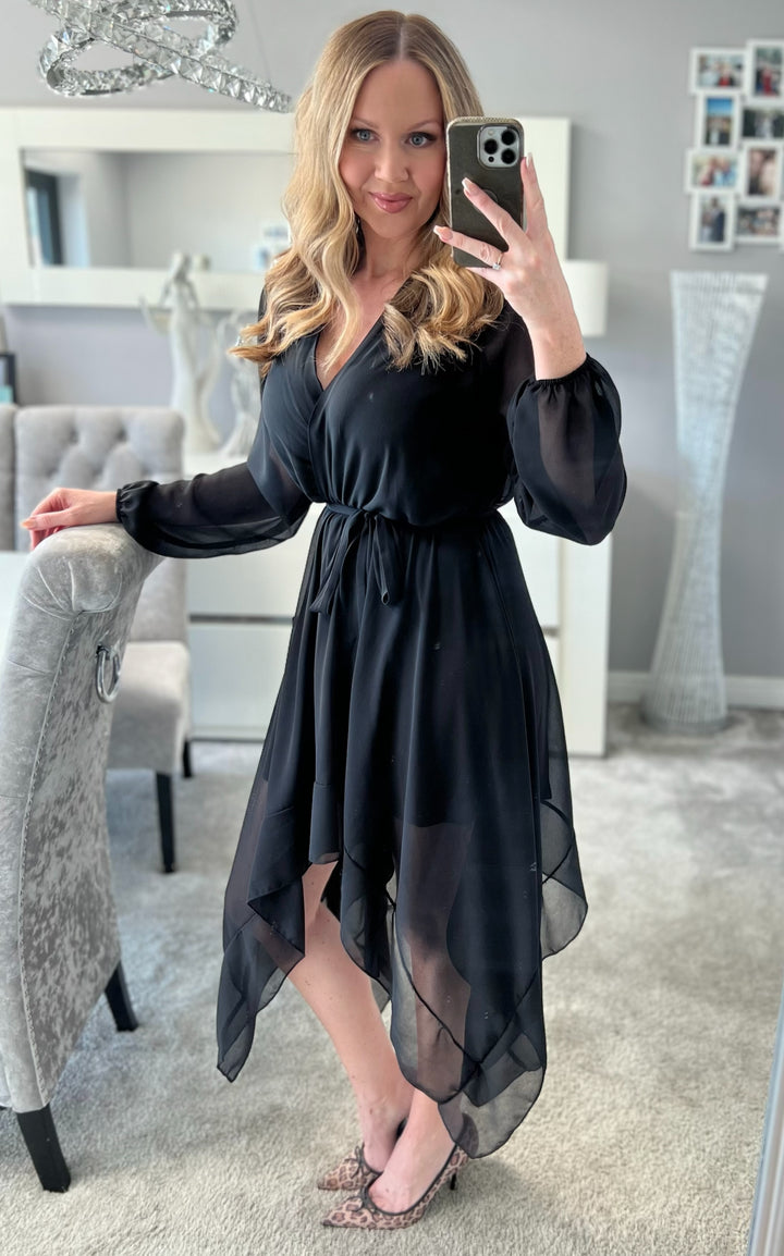 Dream Girl Black Waterfall Hem Chiffon Midi Dress