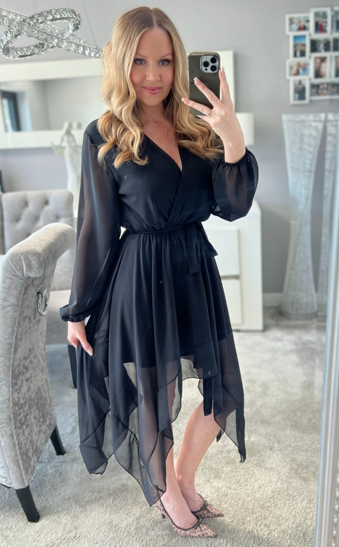 Dream Girl Black Waterfall Hem Chiffon Midi Dress