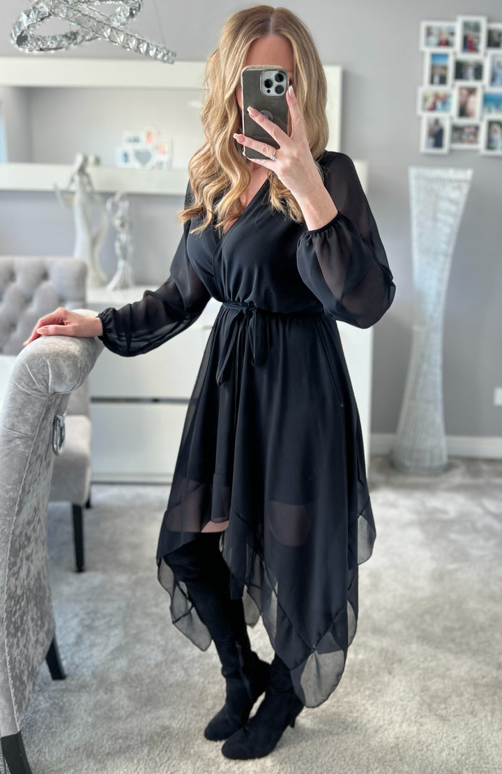 Dream Girl Black Waterfall Hem Chiffon Midi Dress