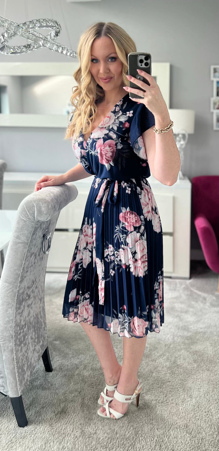 Joanie Navy Floral Short Sleeve Chiffon Pleated Midi Dress