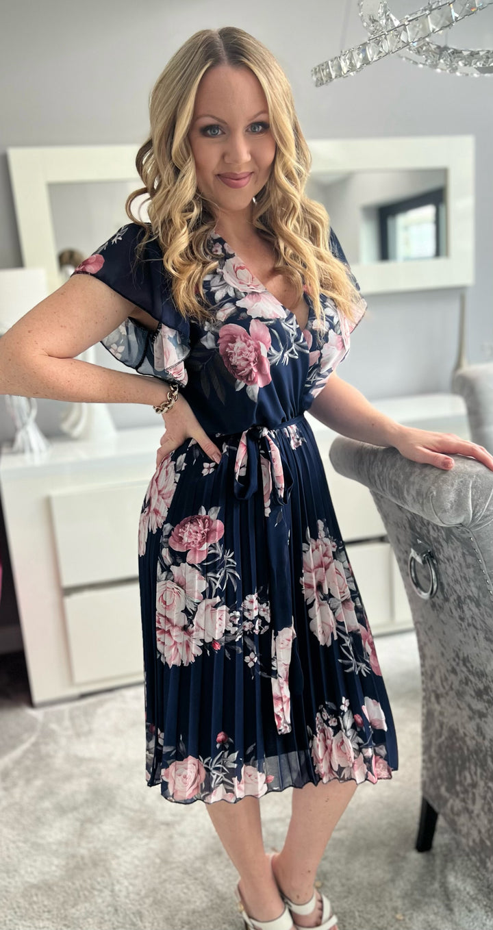 Joanie Navy Floral Short Sleeve Chiffon Pleated Midi Dress