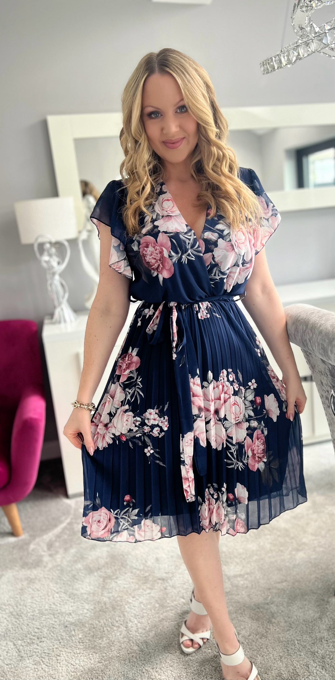 Joanie Navy Floral Short Sleeve Chiffon Pleated Midi Dress