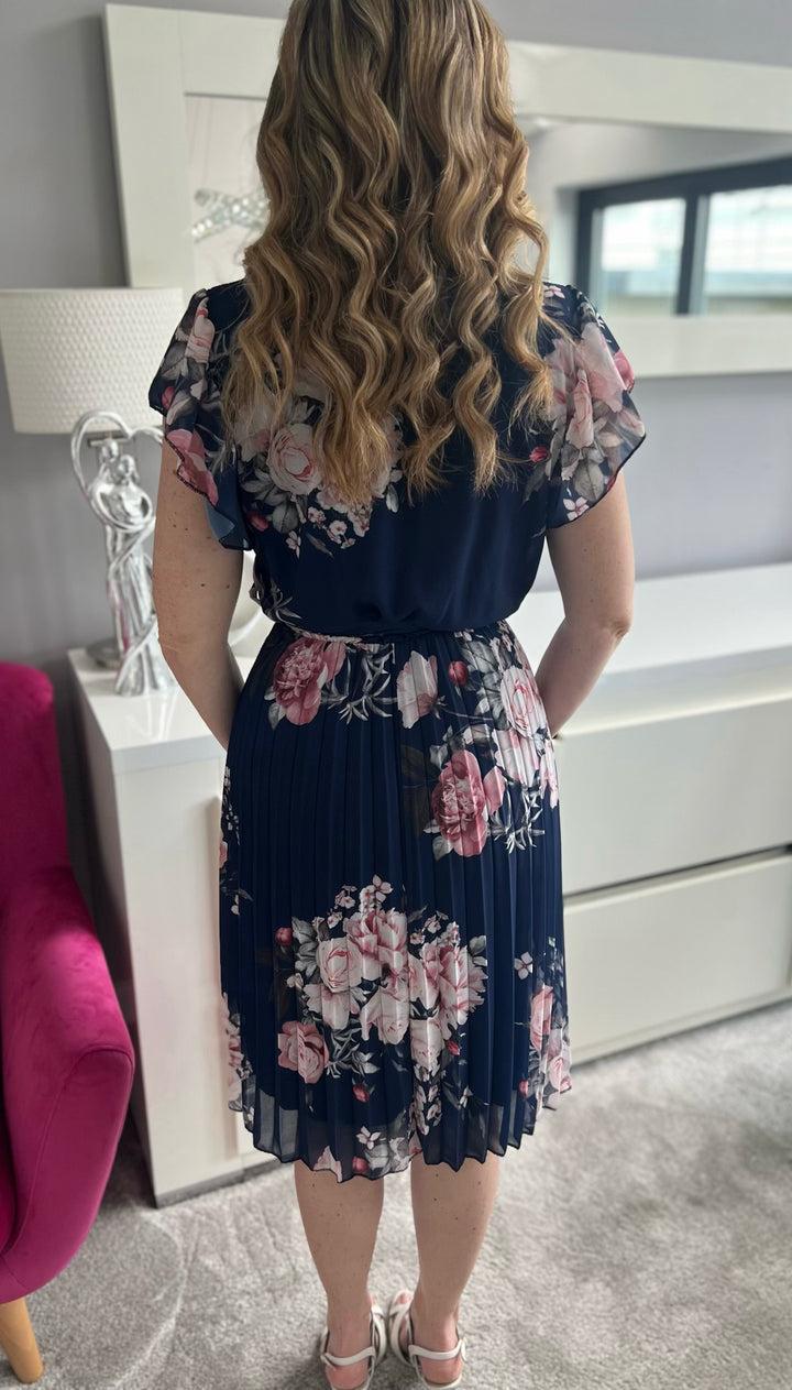 Joanie Navy Floral Short Sleeve Chiffon Pleated Midi Dress