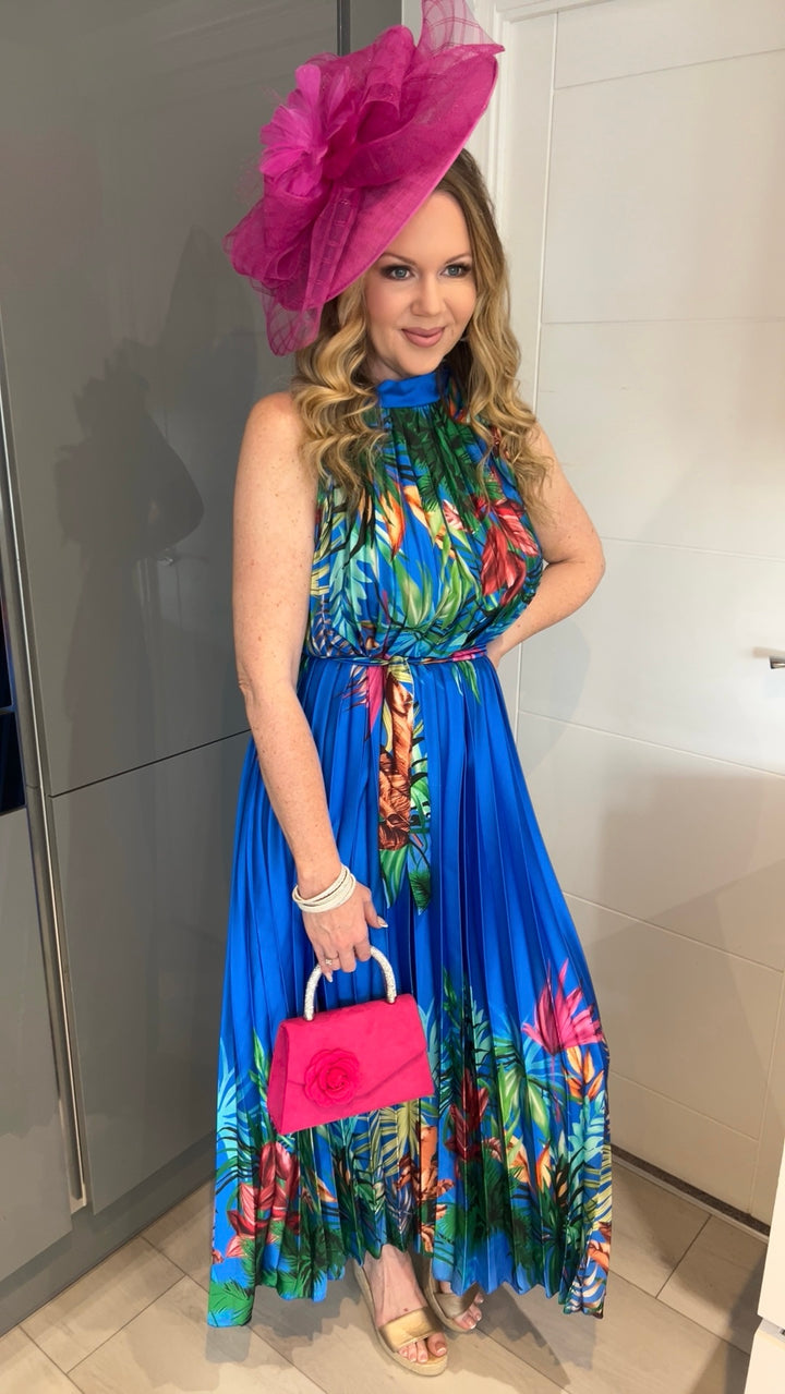 Antigua Cobalt Blue Floral Halter Neck Pleated Belted Maxi Dress