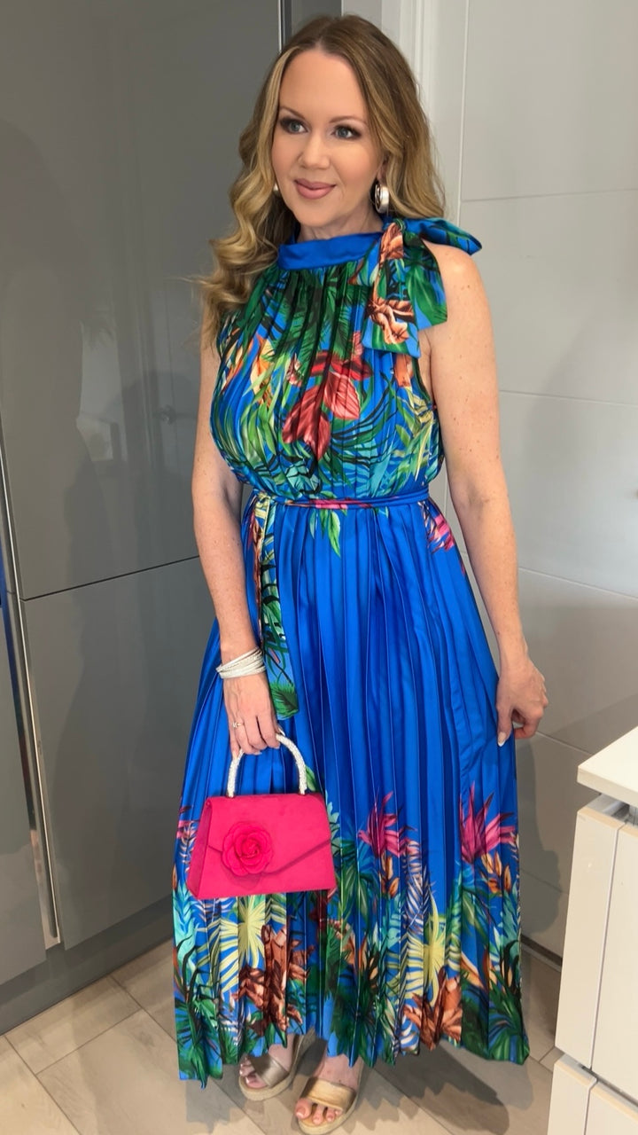 Antigua Cobalt Blue Floral Halter Neck Pleated Belted Maxi Dress
