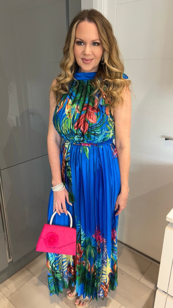 Antigua Cobalt Blue Floral Halter Neck Pleated Belted Maxi Dress