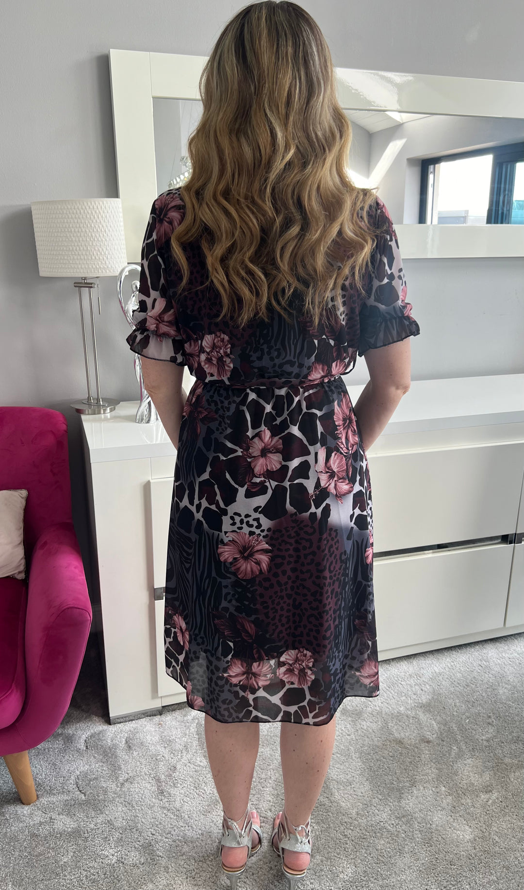 Tahiti Black & Pink Animal Print Floral Chiffon Belted Short Sleeve Midi Dress