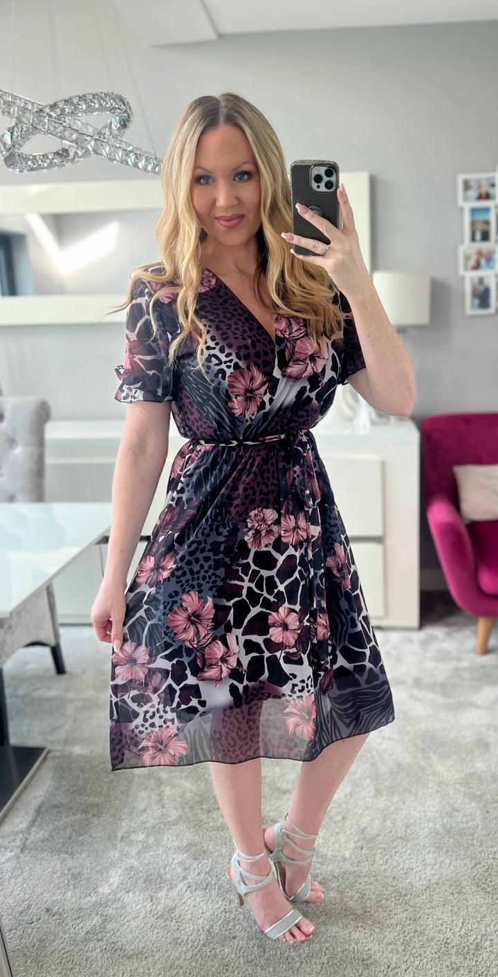 Tahiti Black & Pink Animal Print Floral Chiffon Belted Short Sleeve Midi Dress