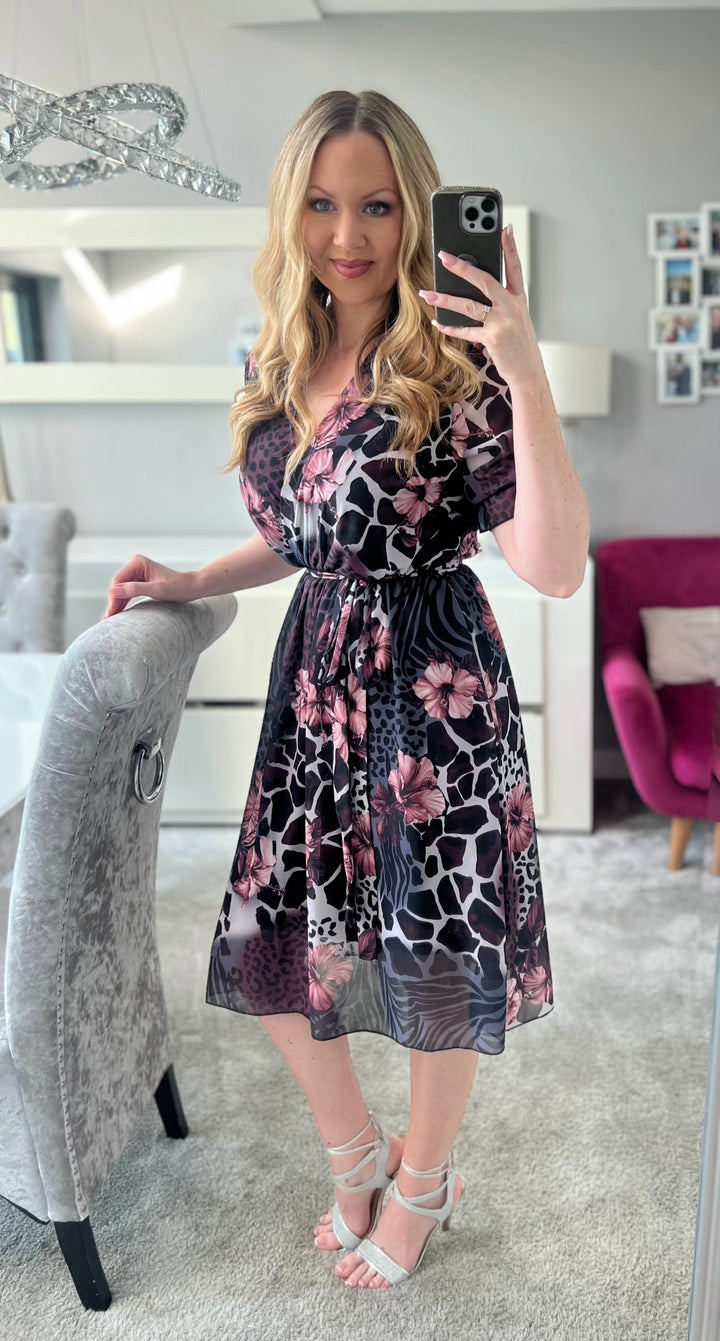 Tahiti Black & Pink Animal Print Floral Chiffon Belted Short Sleeve Midi Dress