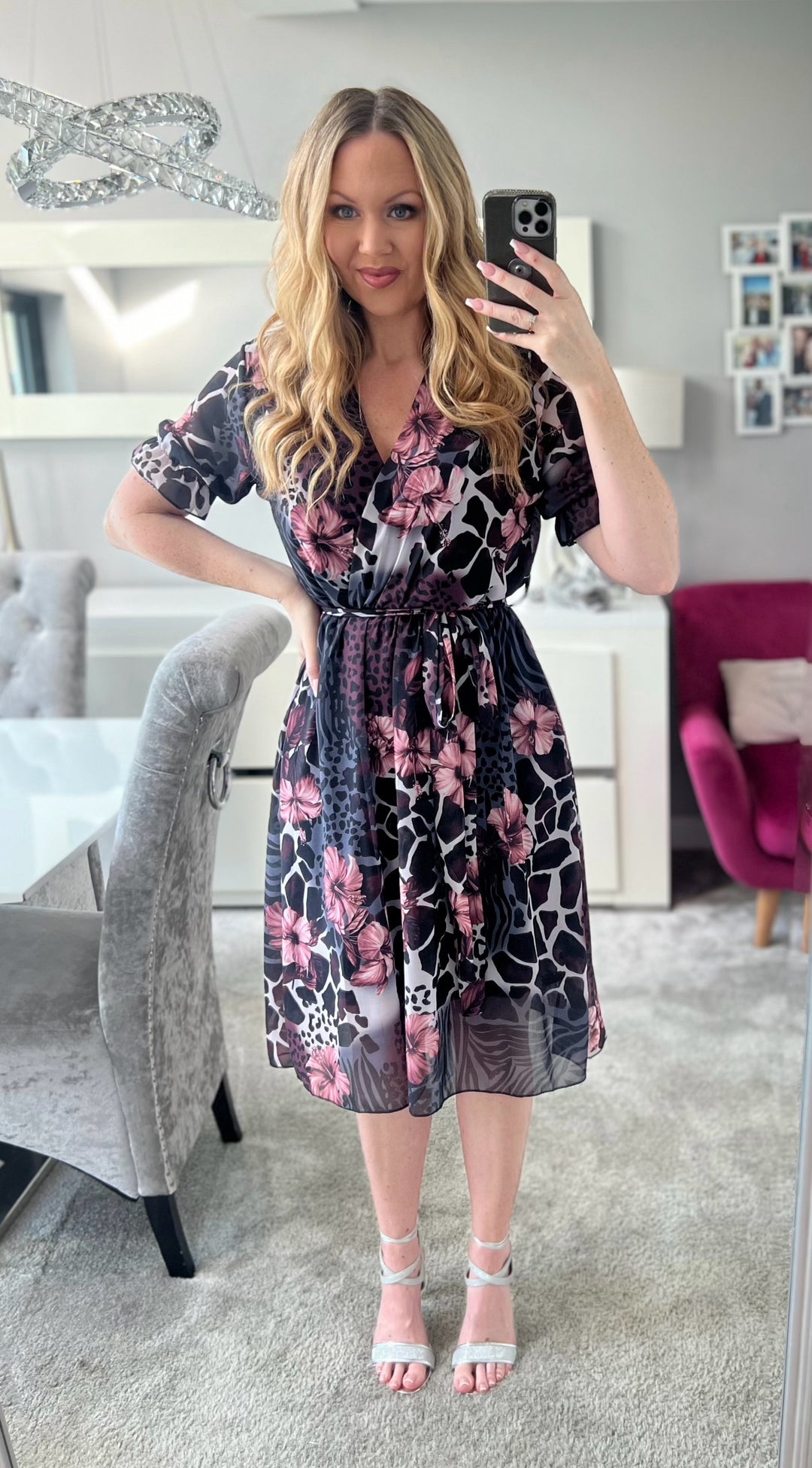 Tahiti Black & Pink Animal Print Floral Chiffon Belted Short Sleeve Midi Dress