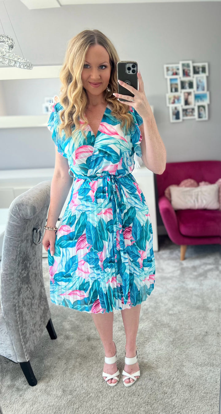 Joanie Teal Floral Short Sleeve Chiffon Pleated Midi Dress