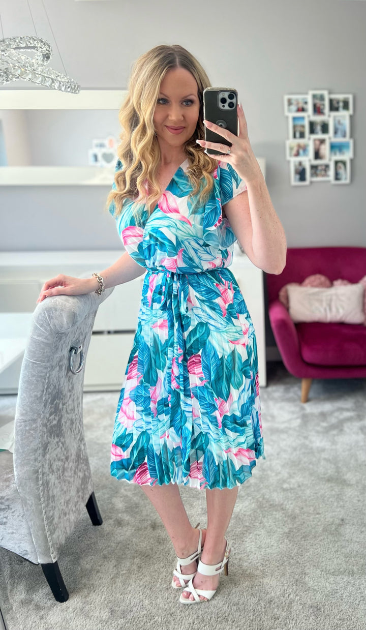 Joanie Teal Floral Short Sleeve Chiffon Pleated Midi Dress