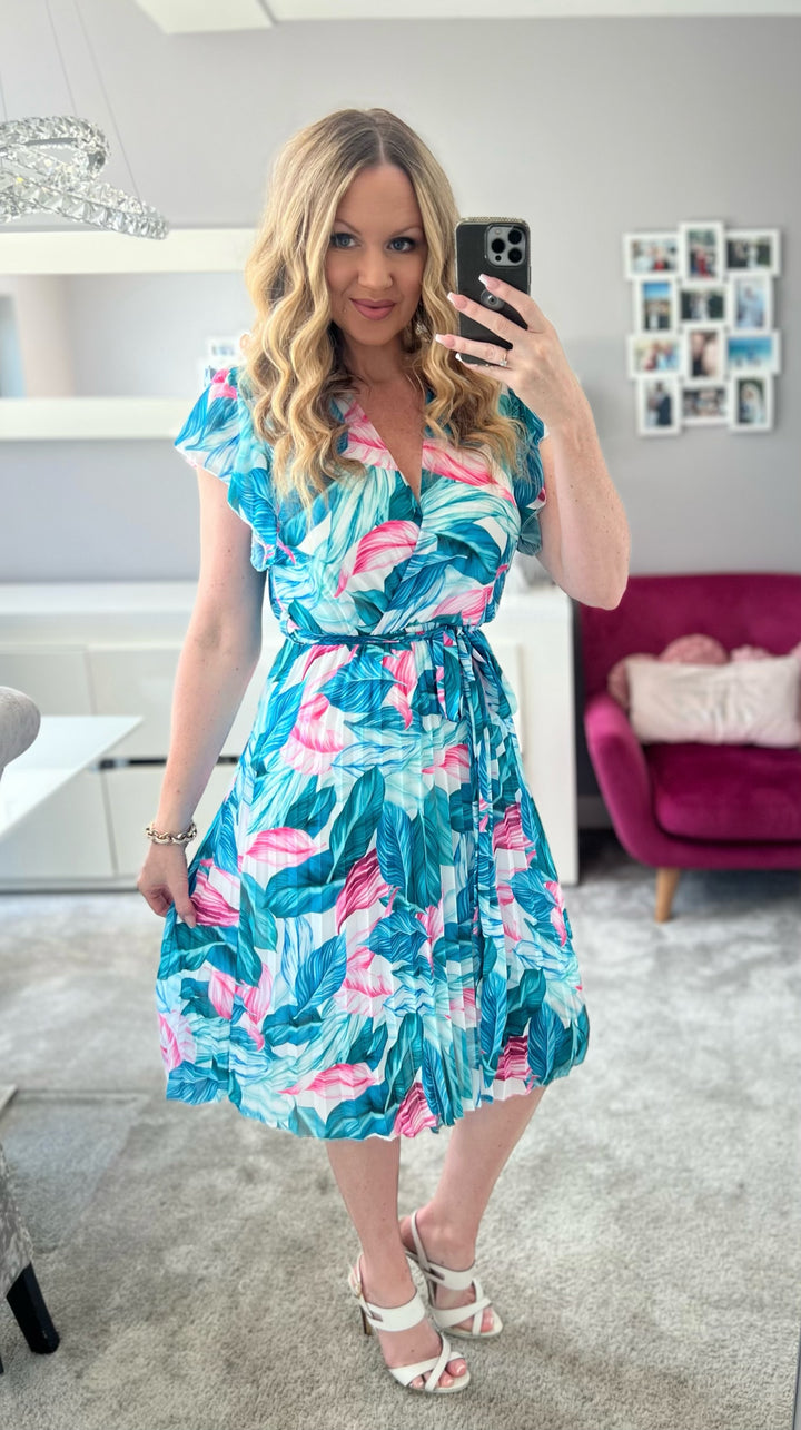Joanie Teal Floral Short Sleeve Chiffon Pleated Midi Dress