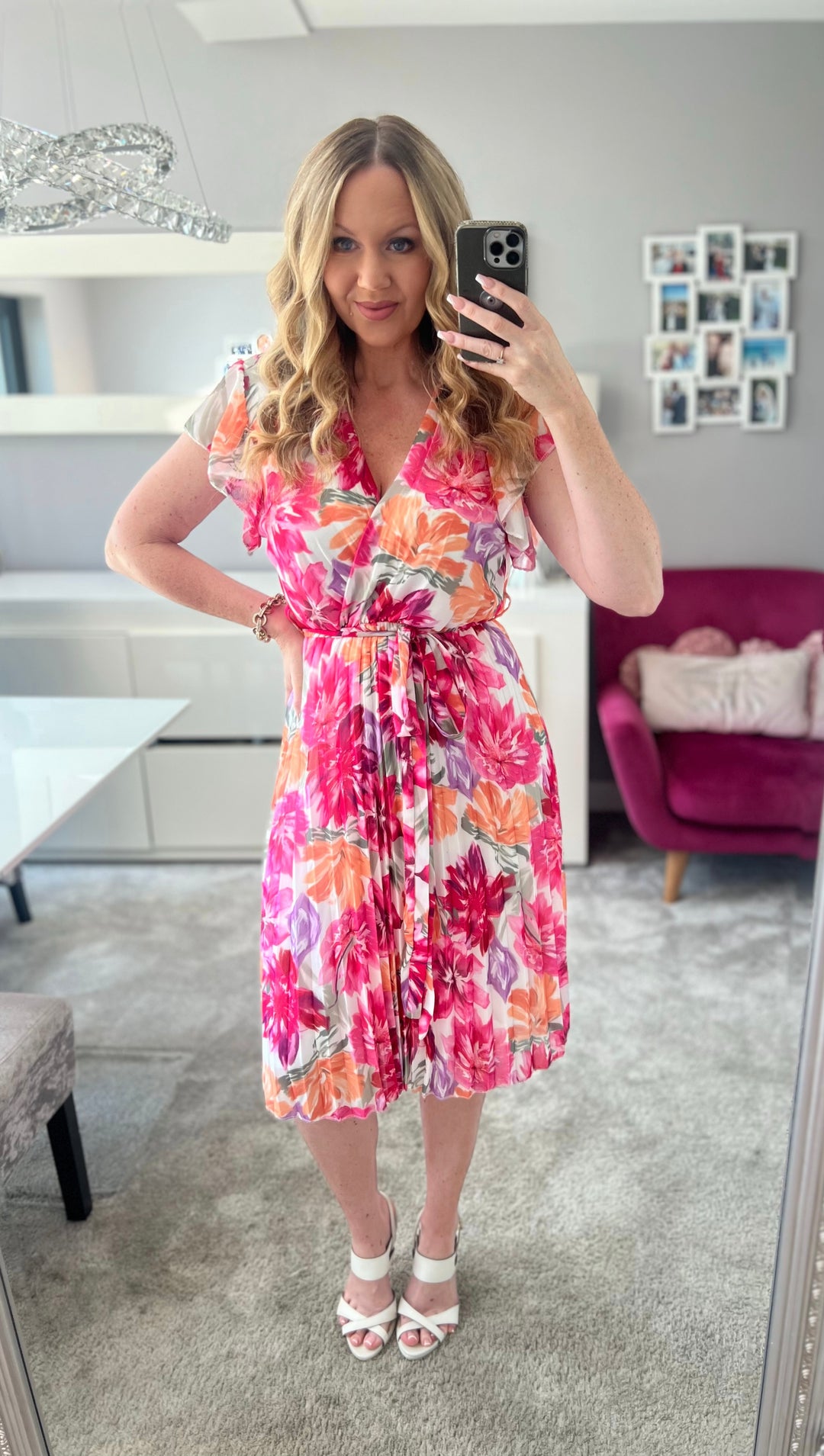 Joanie Pink Floral Short Sleeve Chiffon Pleated Midi Dress