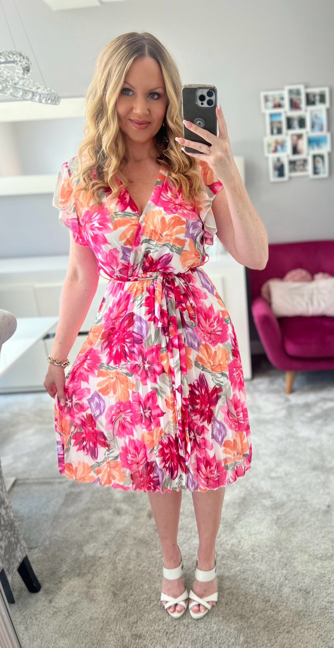 Joanie Pink Floral Short Sleeve Chiffon Pleated Midi Dress