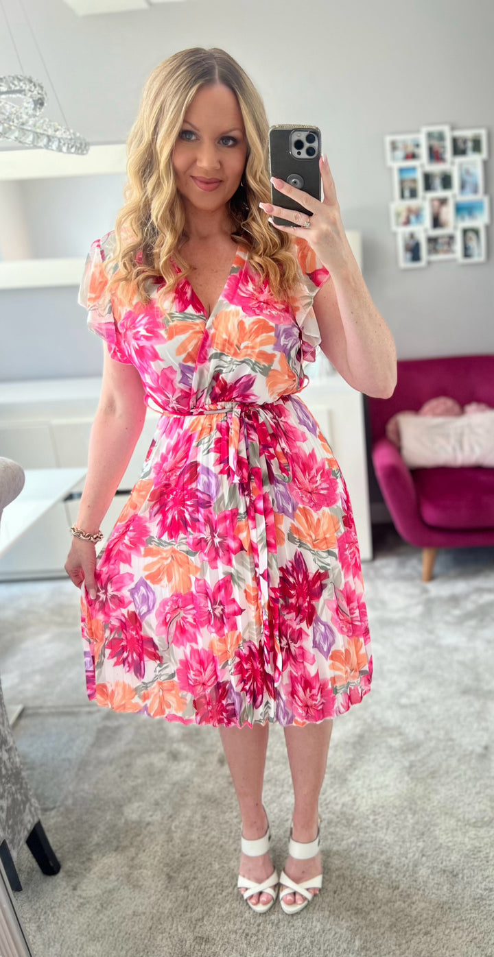 Joanie Pink Floral Short Sleeve Chiffon Pleated Midi Dress