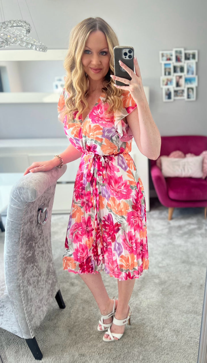 Joanie Pink Floral Short Sleeve Chiffon Pleated Midi Dress