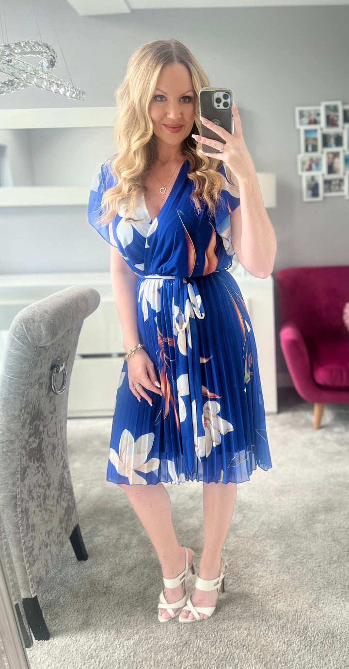 Joanie Cobalt Blue Floral Short Sleeve Chiffon Pleated Midi Dress