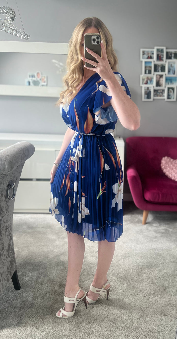 Joanie Cobalt Blue Floral Short Sleeve Chiffon Pleated Midi Dress