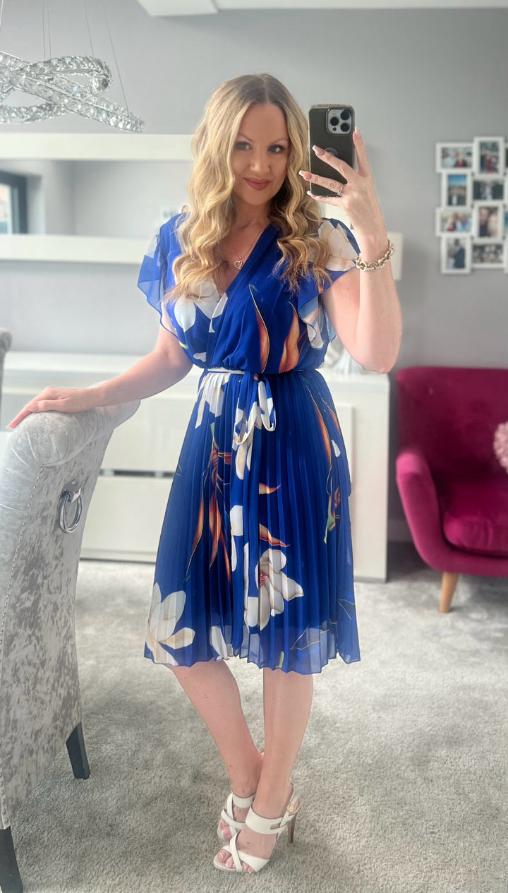 Joanie Cobalt Blue Floral Short Sleeve Chiffon Pleated Midi Dress