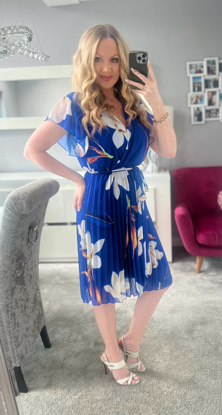 Joanie Cobalt Blue Floral Short Sleeve Chiffon Pleated Midi Dress