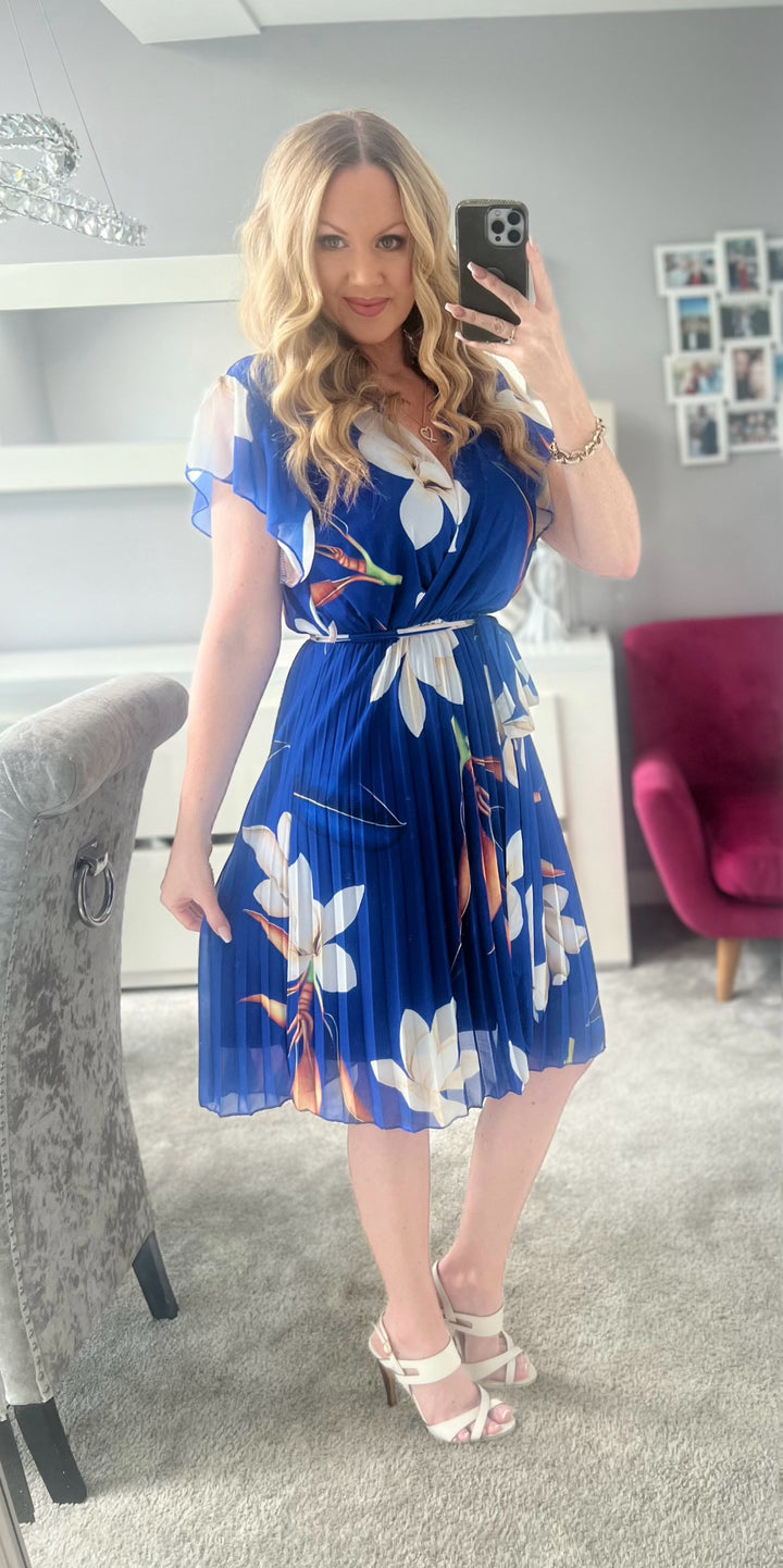 Joanie Cobalt Blue Floral Short Sleeve Chiffon Pleated Midi Dress