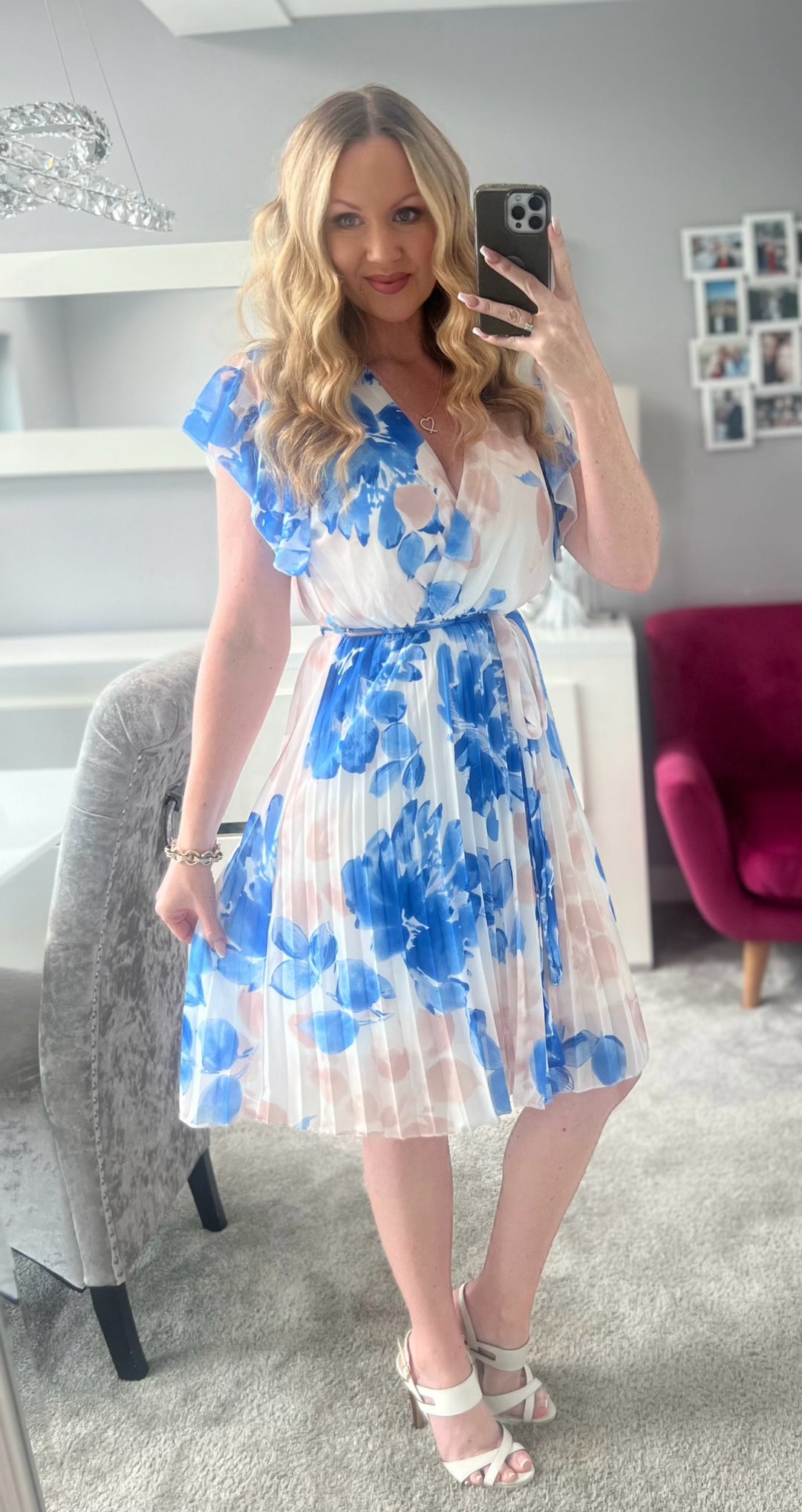 Joanie Ivory, Blue & Beige Floral Short Sleeve Chiffon Pleated Midi Dress