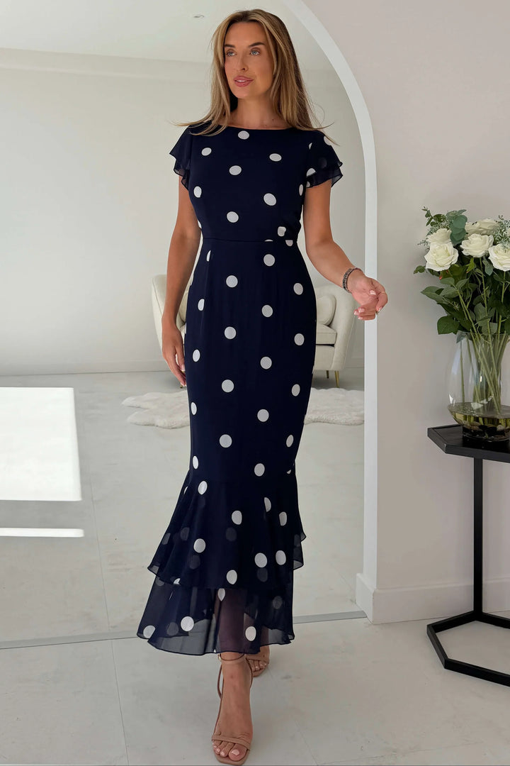 Roxy Navy Polka Dot Boat Neck Frill Bodycon Midi Dress