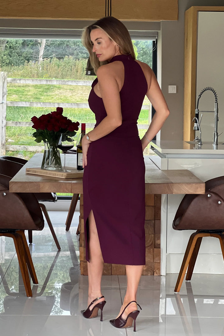 Dolly Burgundy Wine 3D Floral Halterneck Bodycon Midi Dress