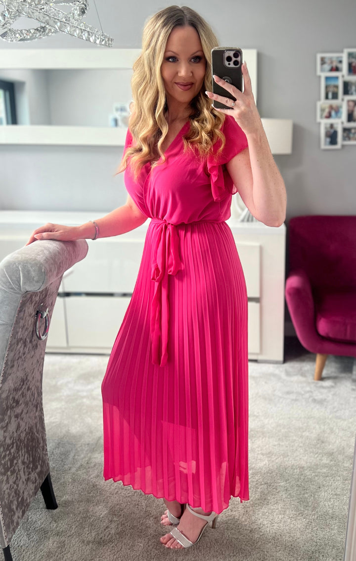 Amalfi Coast Hot Pink Chiffon Short Sleeve Pleated Belted Maxi Dress